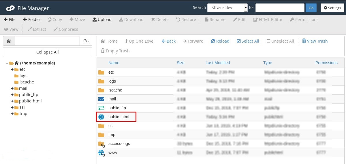 نمایی از File Manager در cPanel که پوشه public_html