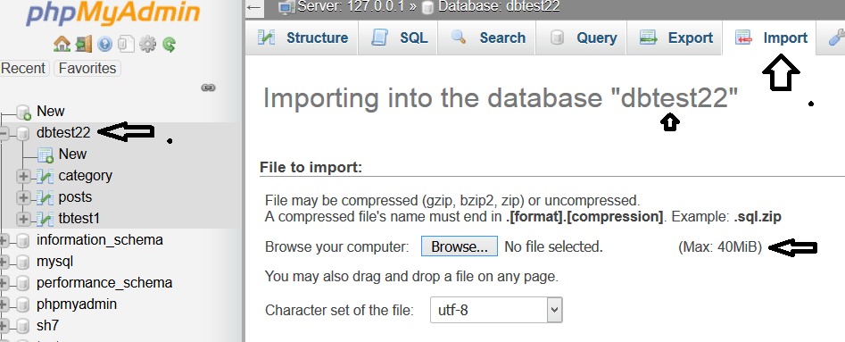 نمایی از phpMyAdmin در حال ایمپورت کردن یک فایل SQL.